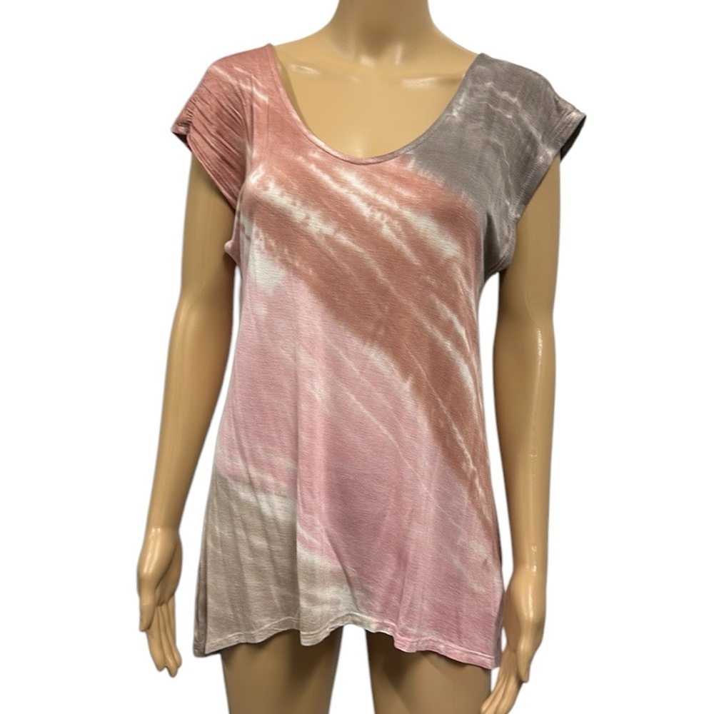 Cable & Gauge Tie Dye Tunic Top Short Sleeve Round Neck Pink Gray Womens Small